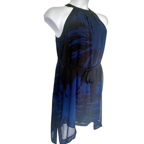 Kensie Abstract Print Halter Neck Asymmetrical Mini Dress Blue Black S Belted - Picture 2 of 8